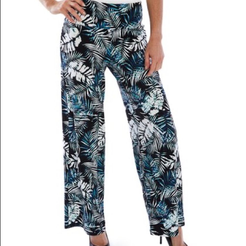 SPANX Wide Leg Palm-Print Pants in Black, White & Teal